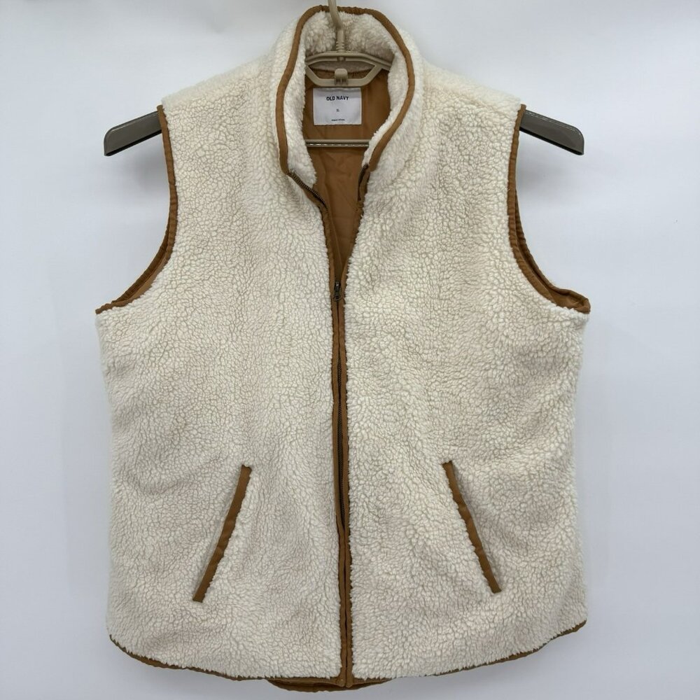 Old Navy Sherpa Lined Vest Womens XL Pockets Cream With Brown Trim